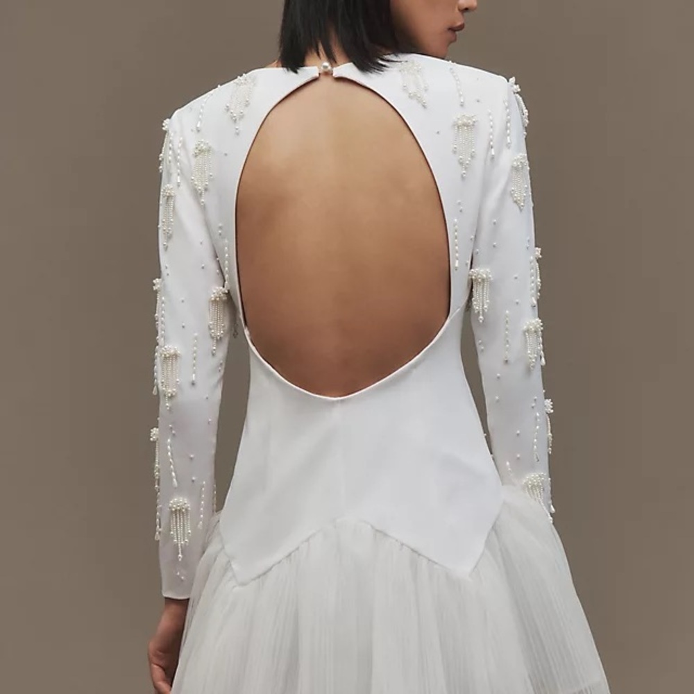 BHLDN White Long Sleeve Dress with Beaded Pearl Accents - Picture 2 of 8